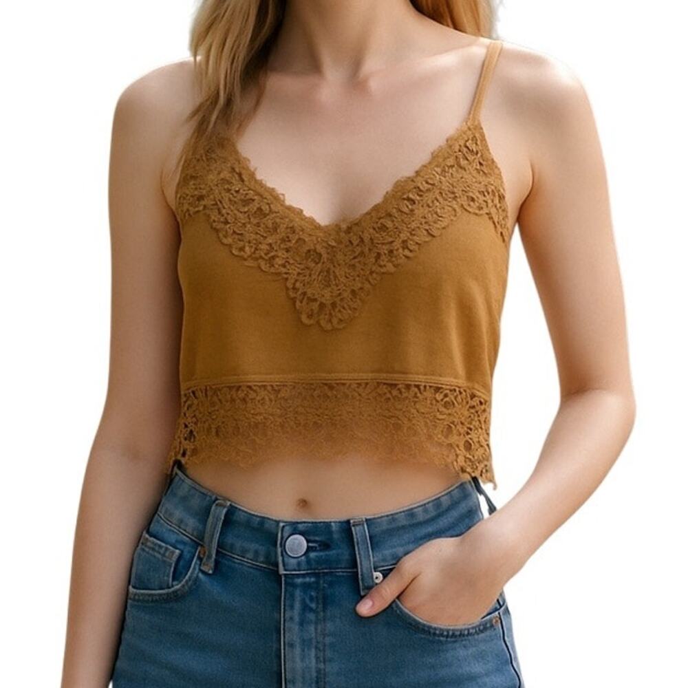 Cropped Floral Crochet‎ Lace Sleeveless Top Size L Mustard Gold Yellow Bralette